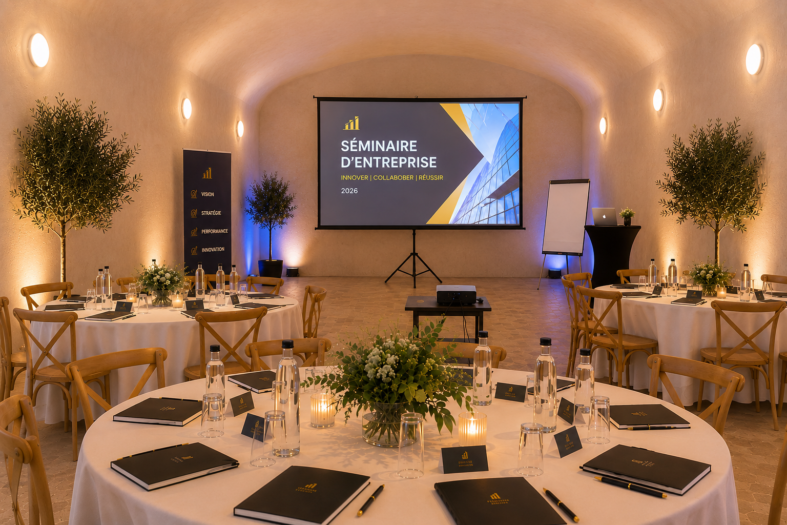 Salle configurée pour séminaire